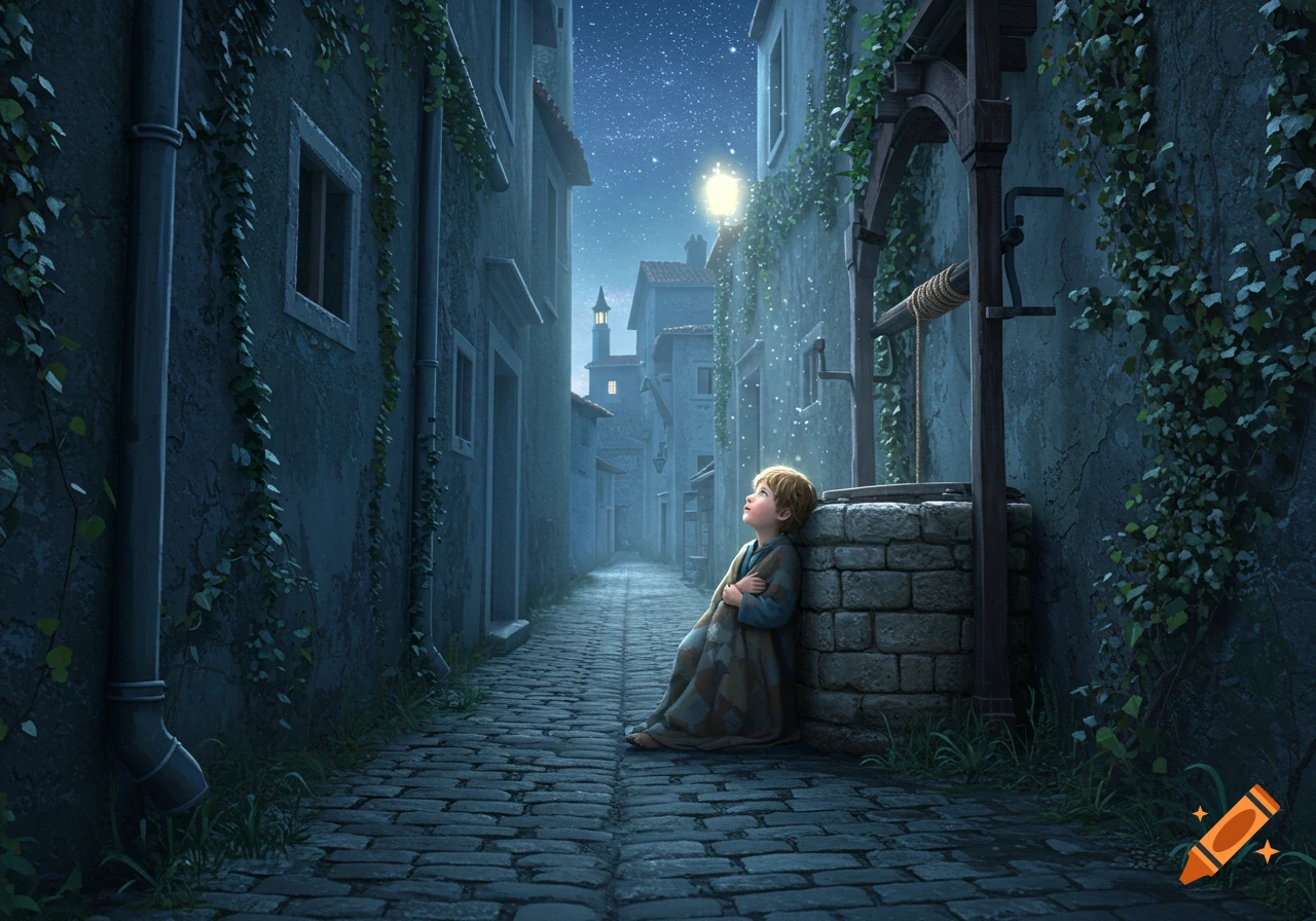 A young boy wrapped in a blanket leans against a stone well in a dark, ivy-covered alley, looking up at a starry night sky.
