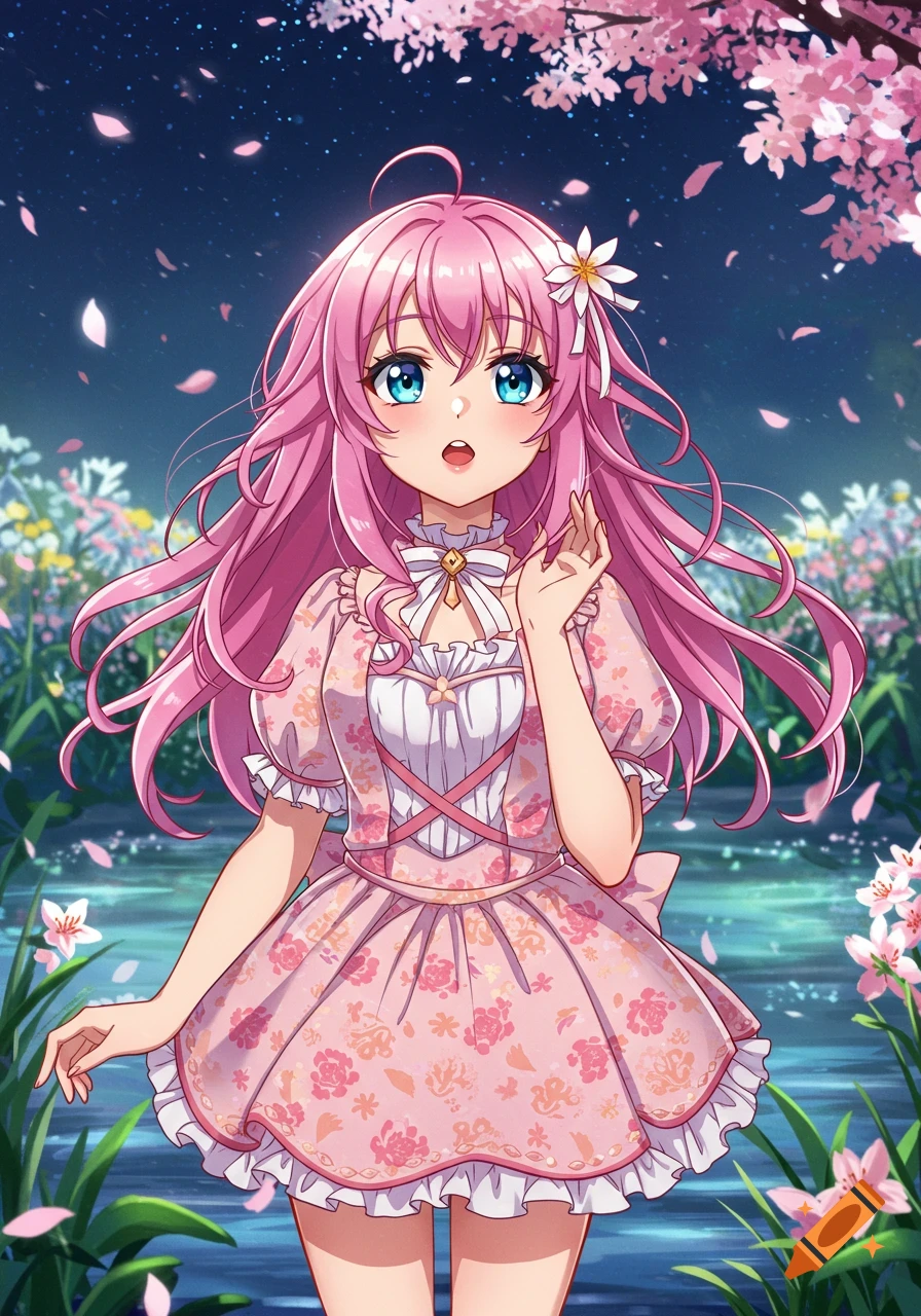 An anime girl with long pink hair and blue eyes, wearing a floral dress, stands under cherry blossoms at night by a calm body of water.