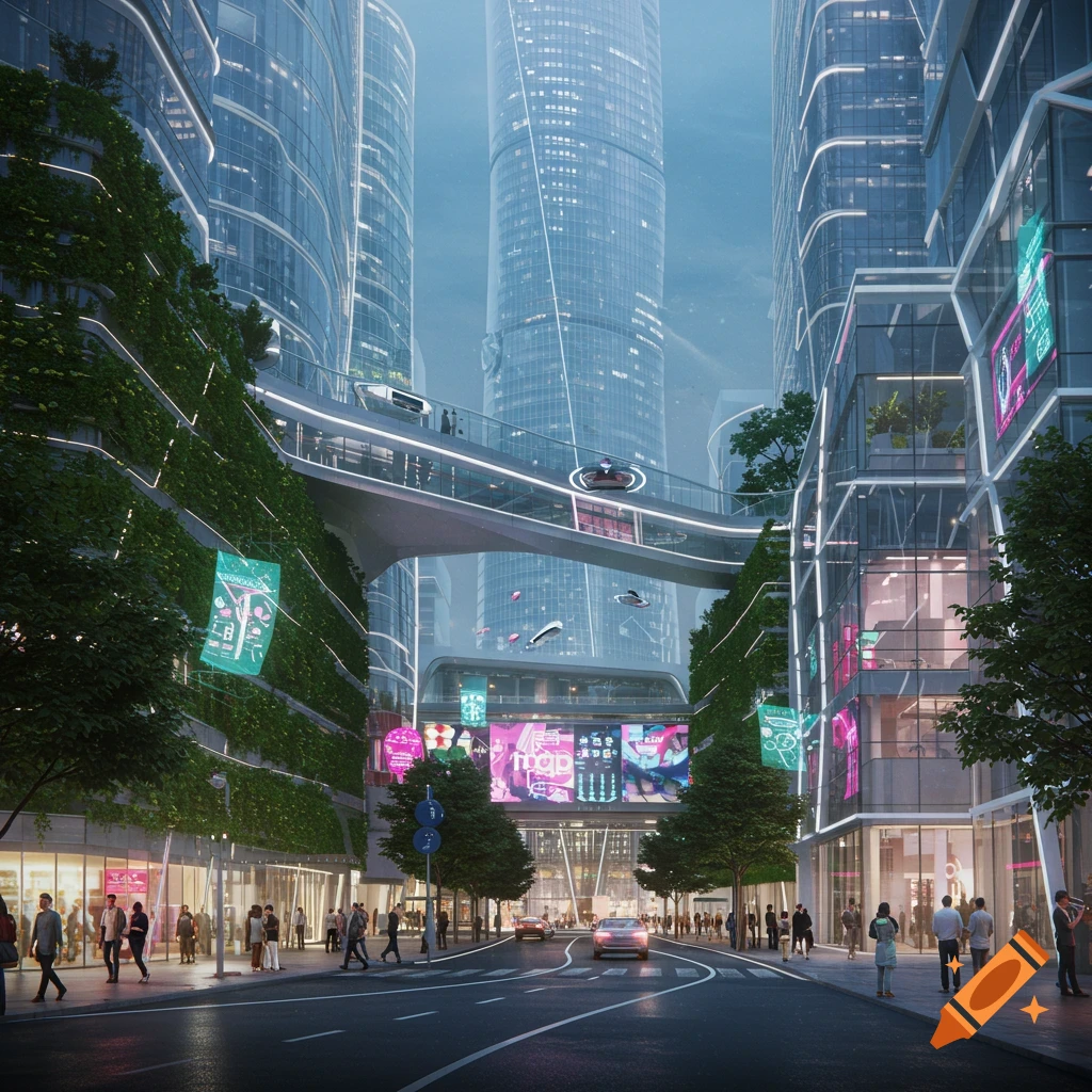 Photorealistic futuristic city street with tall buildings, green walls, digital billboards, cars, and pedestrians.