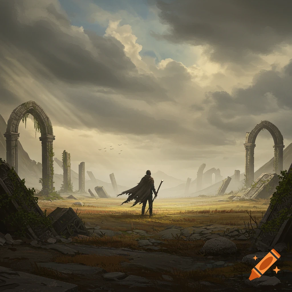 A robed figure stands in a vast ruined landscape under a cloudy sky, with ancient archways and broken structures.