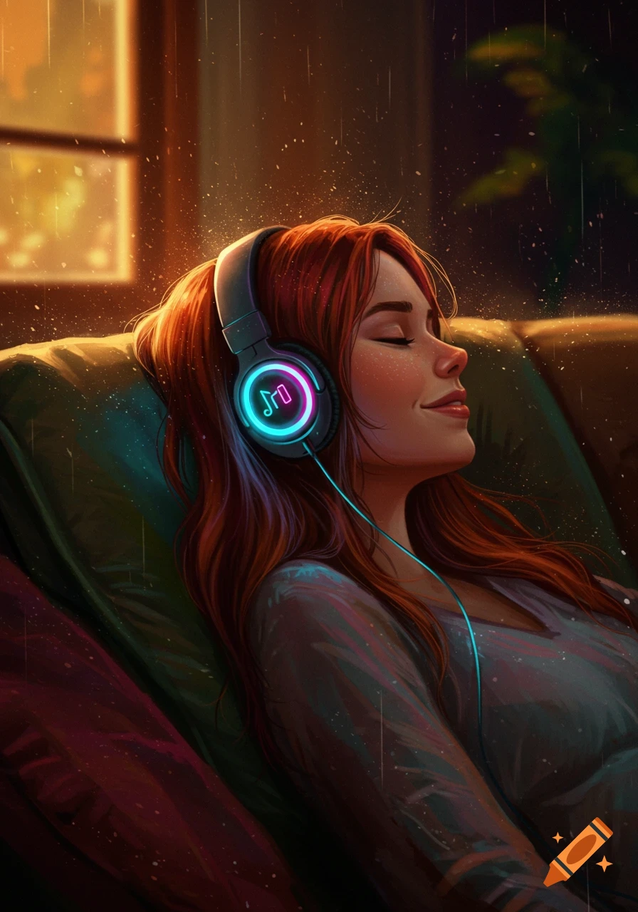 Digital painting of a woman with red hair relaxing on a couch, wearing glowing headphones, with a rainy window in the background.