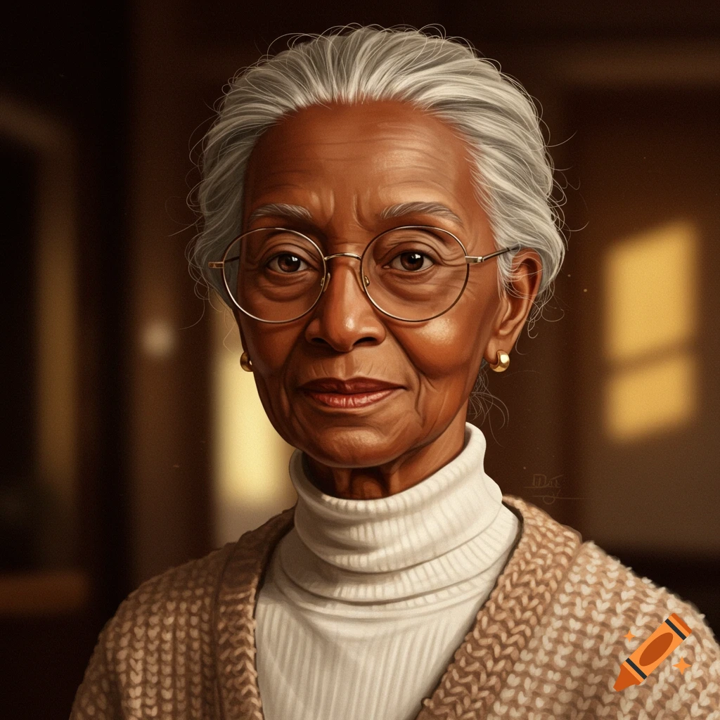 A detailed portrait of an elderly woman with grey hair, round glasses, and a white turtleneck sweater.