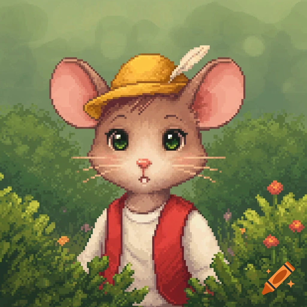 A cute pixel art mouse wearing a yellow hat with a feather and a red vest stands in a field of green plants with small orange flowers.