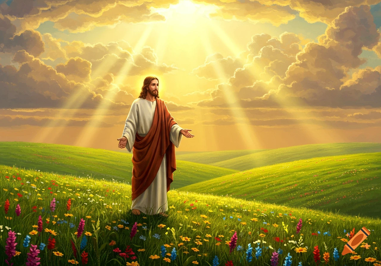 Jesus stands in a vibrant green meadow filled with colorful wildflowers, bathed in golden sunlight shining through clouds.