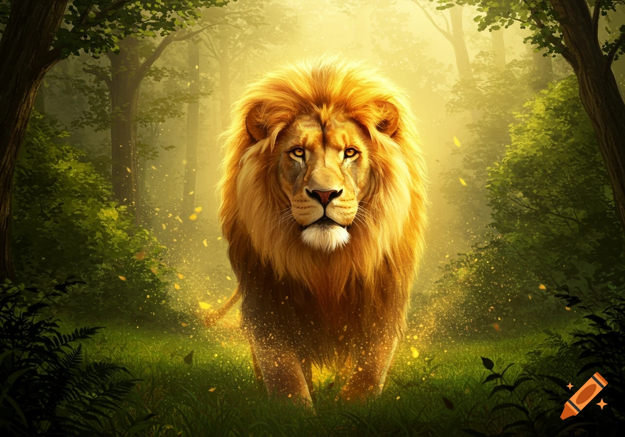 A majestic lion with a golden mane stands in a glowing, enchanted forest with light particles shimmering around it.