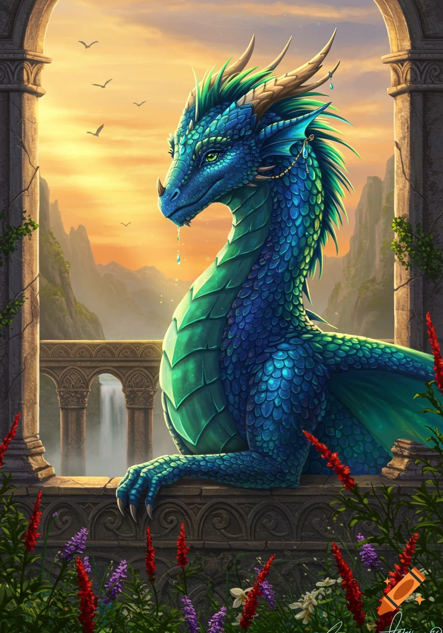 A majestic blue and green dragon with gold horns looks out from an ancient stone balcony over a valley with a waterfall at sunset.