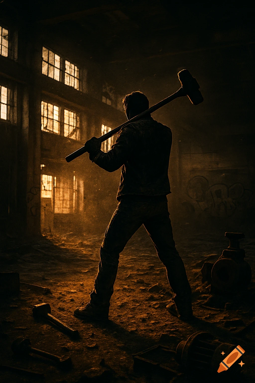 Silhouette of a man with a sledgehammer in a dusty, dark abandoned industrial building with glowing windows.