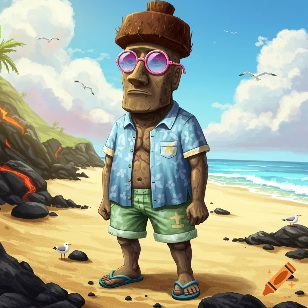A cartoon Moai statue with a human-like body, wearing sunglasses, a blue Hawaiian shirt, green shorts, and flip-flops on a sandy beach with lava flow and ocean.