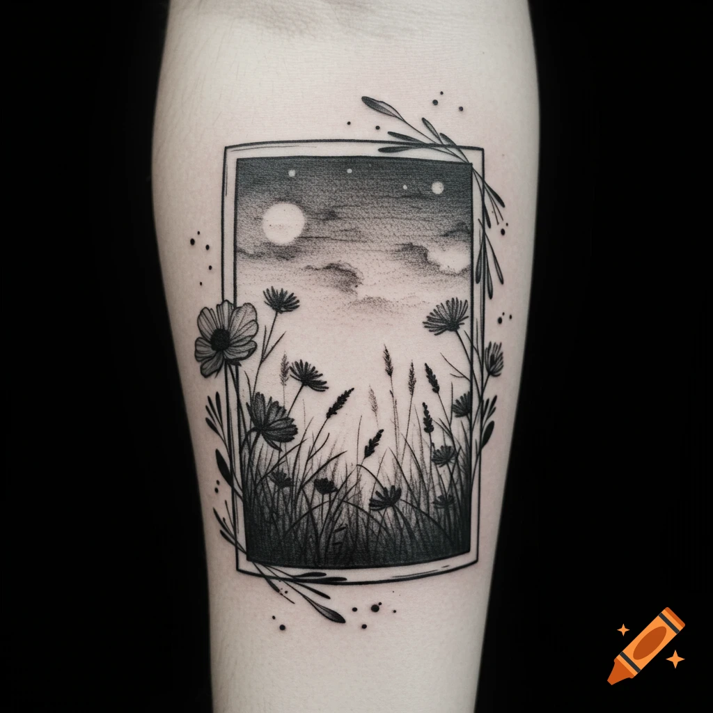 A black and grey tattoo on an arm, depicting a framed night sky with a moon and stars over a field of wildflowers and tall grass.