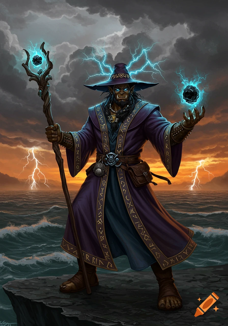 A half-orc wizard in a purple robe with a staff, casting magic with blue lightning, standing on a cliff by a stormy sea at sunset.