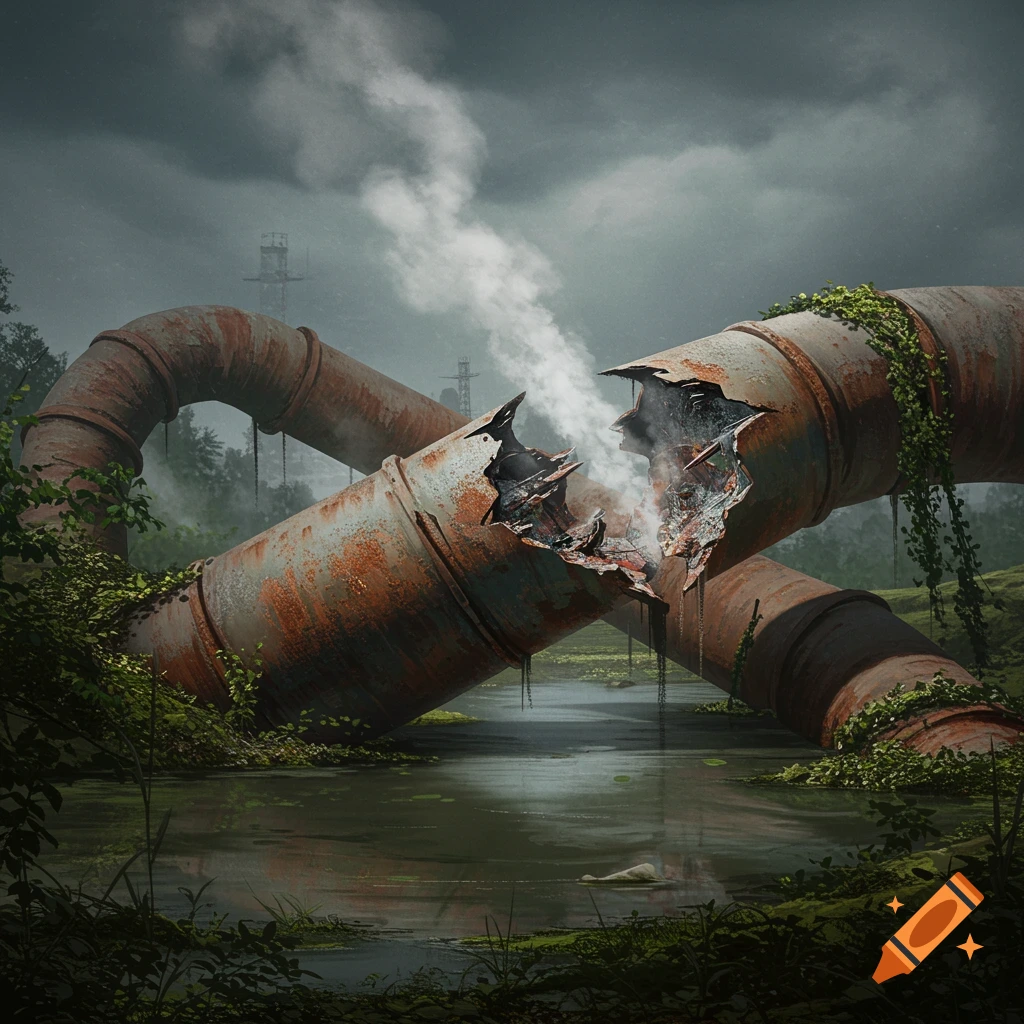 Rusted, broken industrial pipes emit smoke over murky water amidst dense vegetation under a cloudy sky.