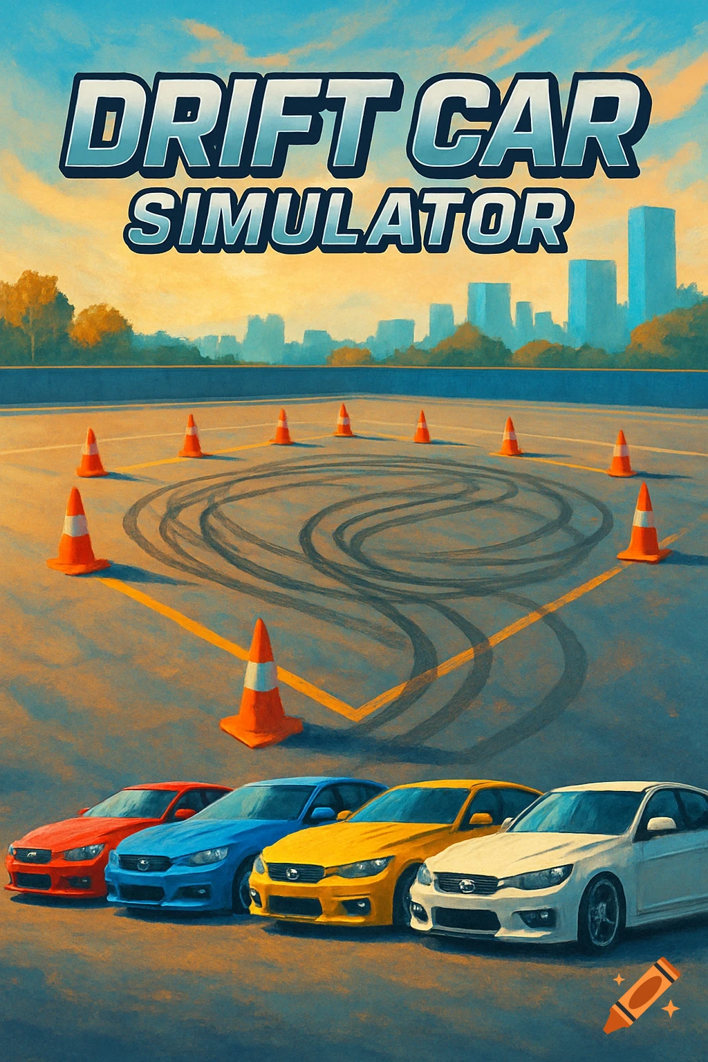 A stylized image of an outdoor drift course with orange traffic cones, tire marks, and four cars in a row at the bottom. Text reads 'DRIFT CAR SIMULATOR'.