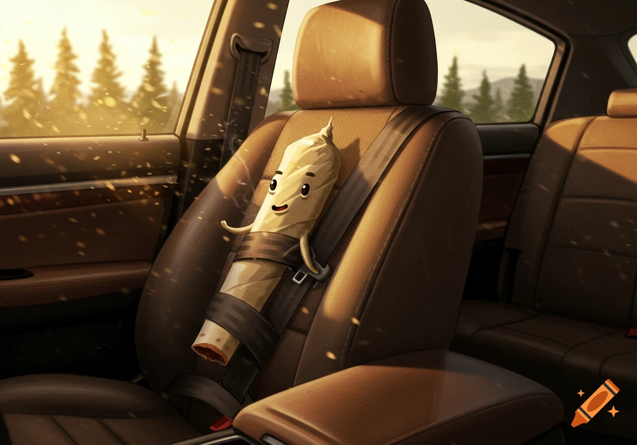A smiling cartoon marijuana joint character is buckled into the passenger seat of a car, with trees visible outside the window.