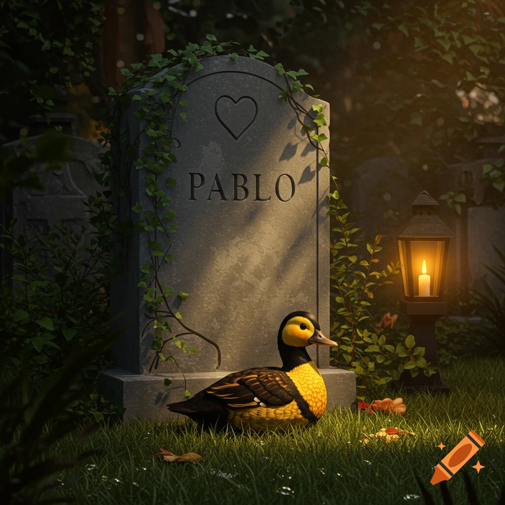 A black and yellow duck sits in green grass beside a stone tombstone with a heart and the name PABLO carved into it, in a softly lit cemetery.