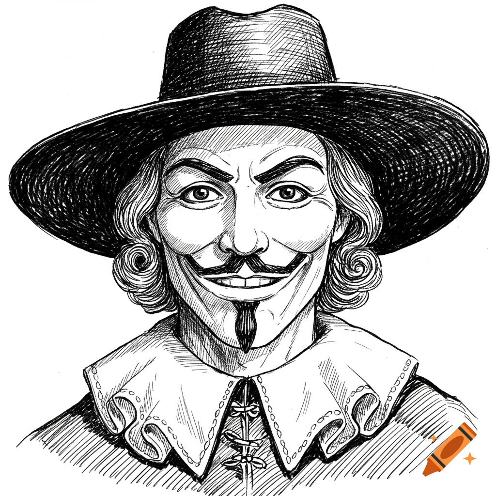 A hand-drawn sketch of Guy Fawkes wearing his iconic mask and a wide-brimmed hat.
