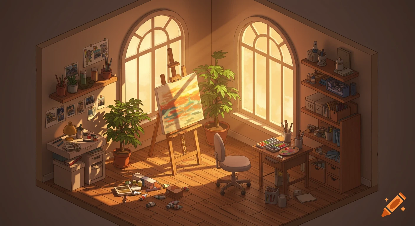 Isometric illustration of a sunlit artist's studio with an easel, plants, desk, and art supplies.