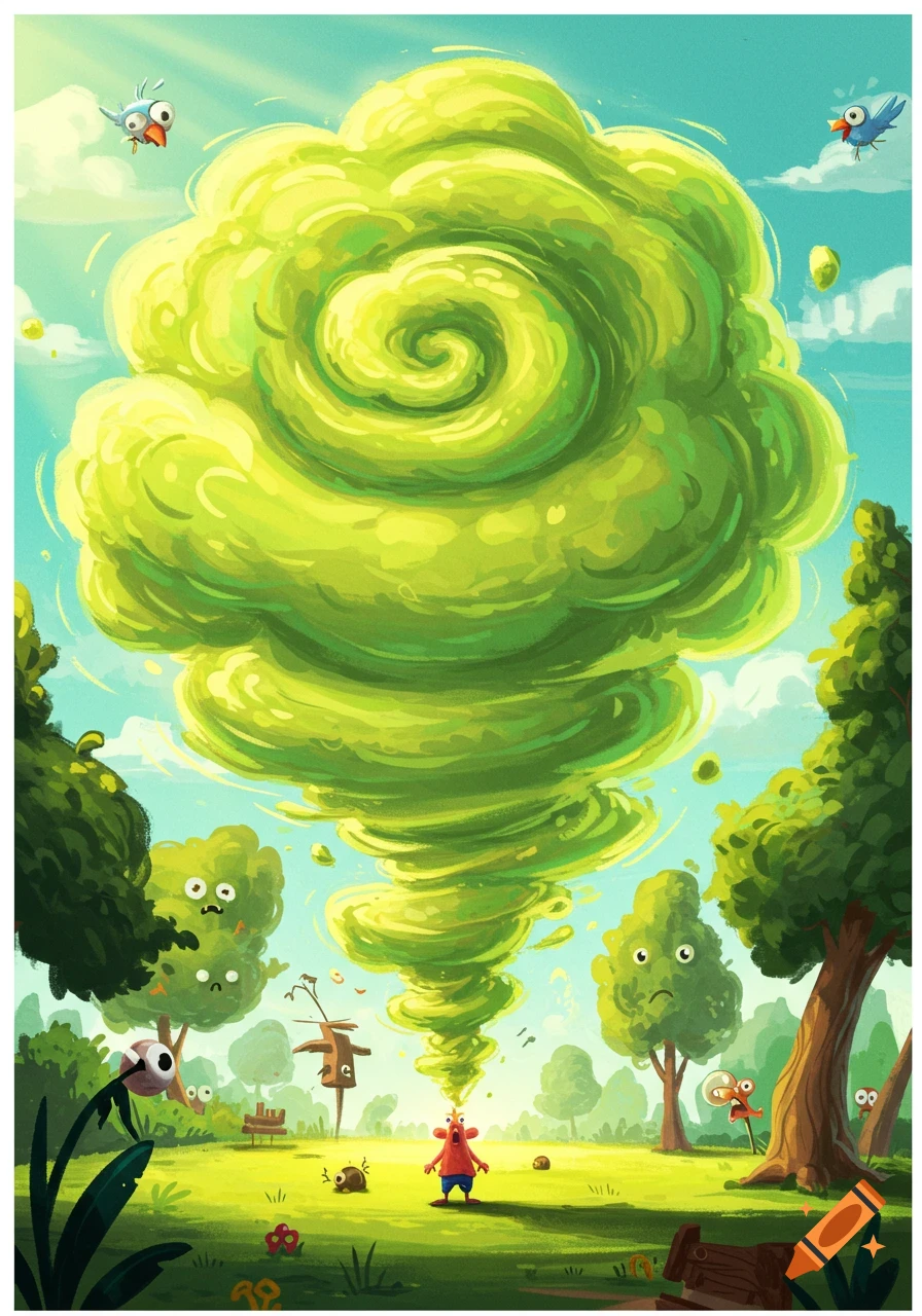 A whimsical cartoon shows a small person emitting a massive green, swirling fart cloud in a park, startling cartoon trees and birds.