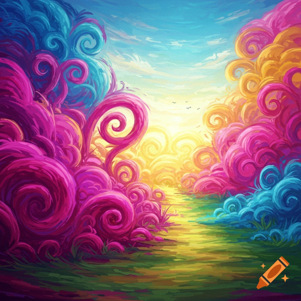 A vibrant, colorful fantasy landscape with a winding path through swirling magenta, blue, and yellow flora towards a bright light.