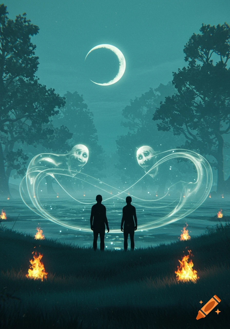 Two silhouetted figures observe glowing, distorted spirits over water in a dark, mystical forest under a crescent moon, with small fires.