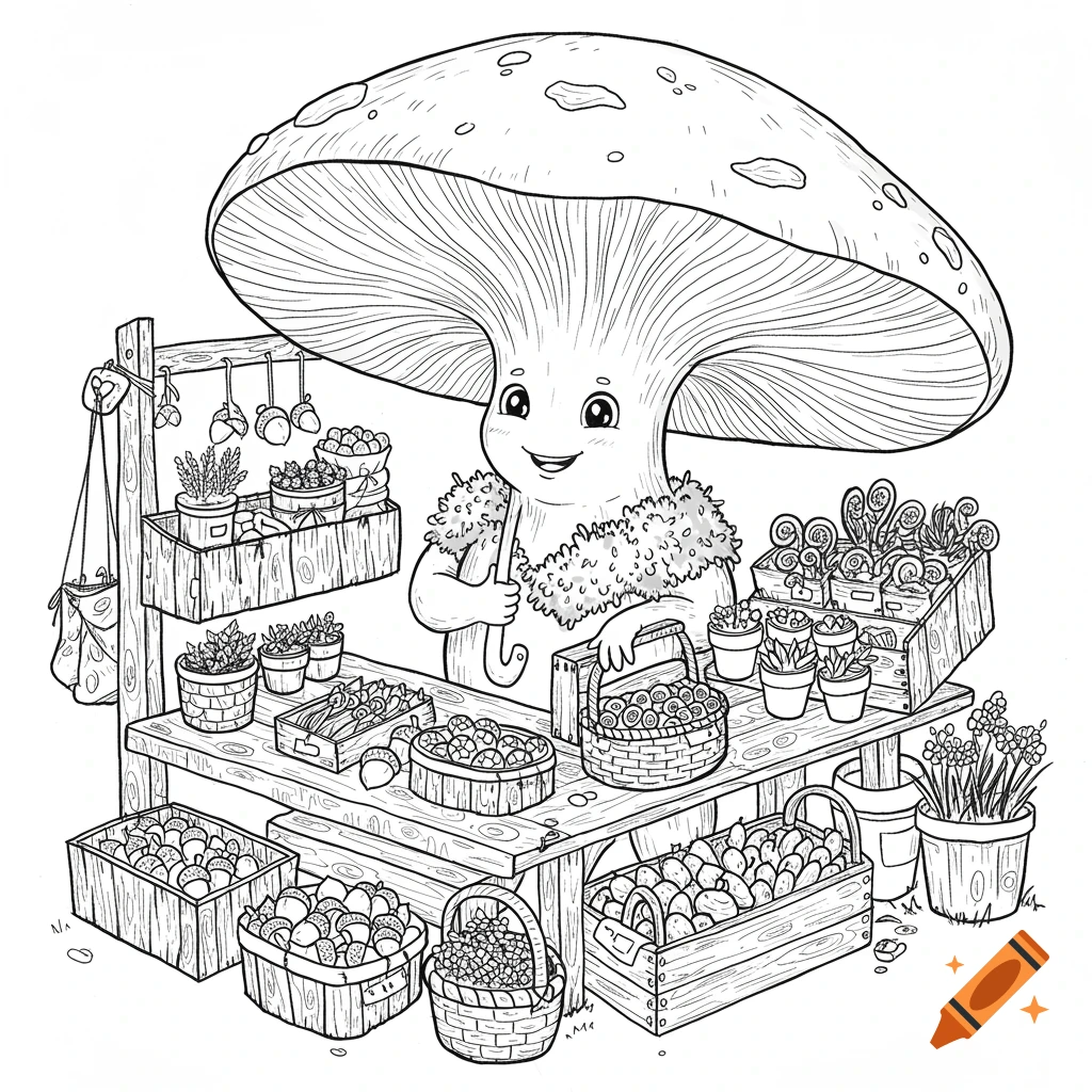 Black and white cartoon sketch of a friendly mushroom person merchant selling produce at a market stall.
