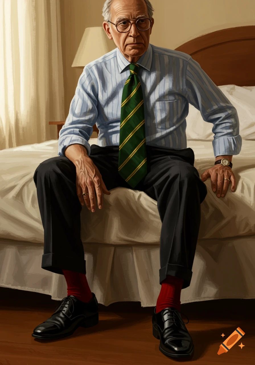 An old man wearing glasses, a blue striped shirt, a green and gold tie, black pants, red socks, and black shoes, sits on a bed.