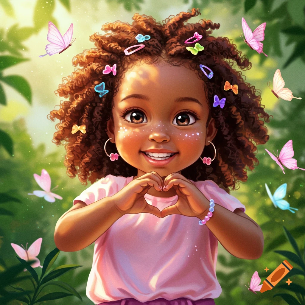 Happy cartoon girl with curly hair and colorful clips making a heart shape with hands, surrounded by butterflies in a sunny green garden.