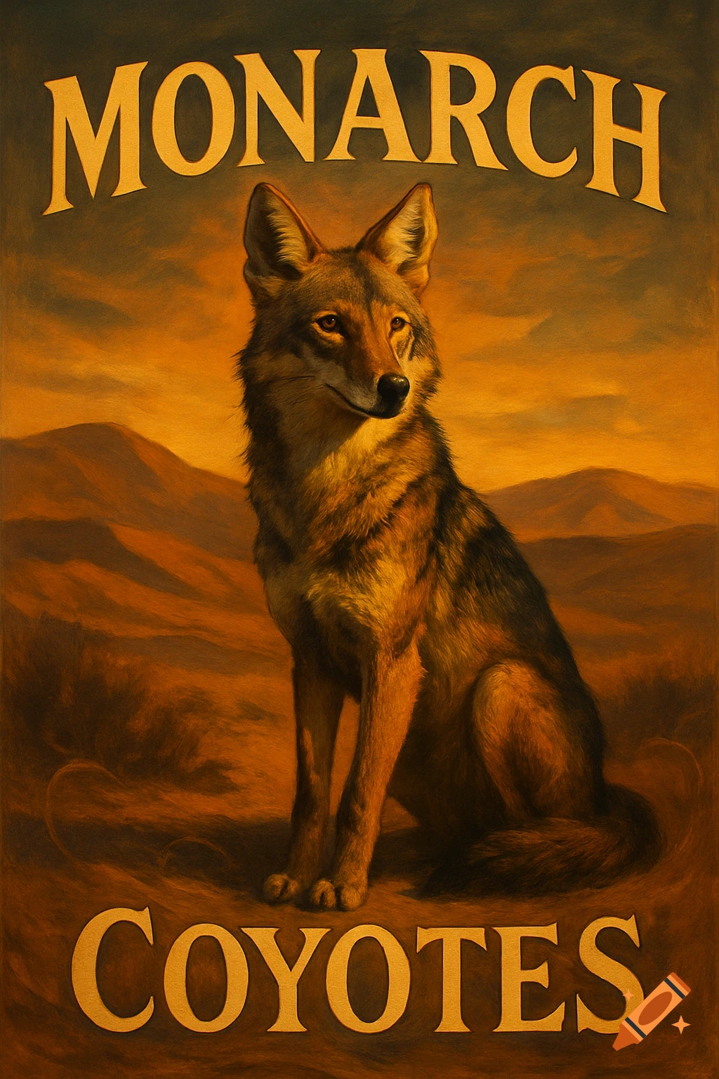A painting of a coyote sitting in a desert landscape, bathed in golden light, with 'MONARCH' at the top and 'COYOTES' at the bottom.