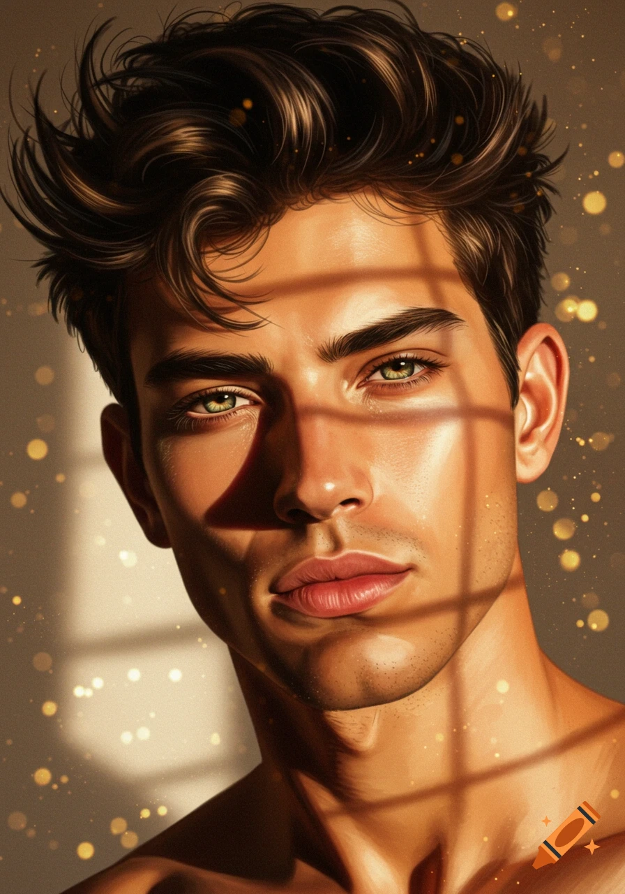 Close-up digital art portrait of a handsome young man with messy brown hair and green eyes, with sunlight and window shadows across his face and sparkling bokeh effects.