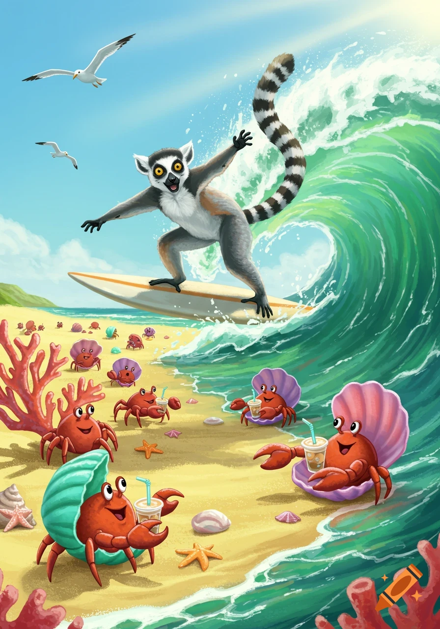 A cartoon lemur surfs a large wave while colorful crabs with shells relax on the sandy beach, sipping iced tea.