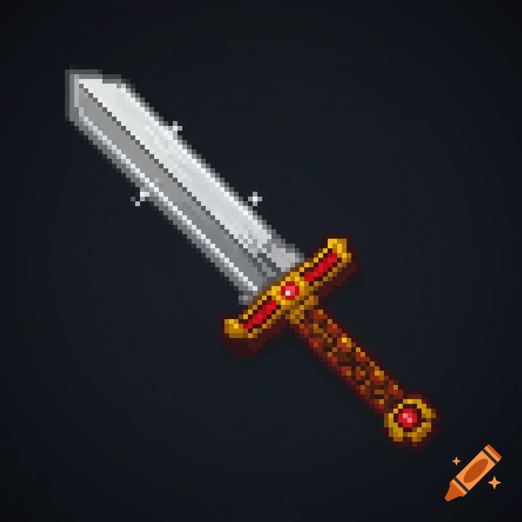 A detailed 8-bit pixel art sword with a silver blade and a golden hilt adorned with red gems, set against a dark background.
