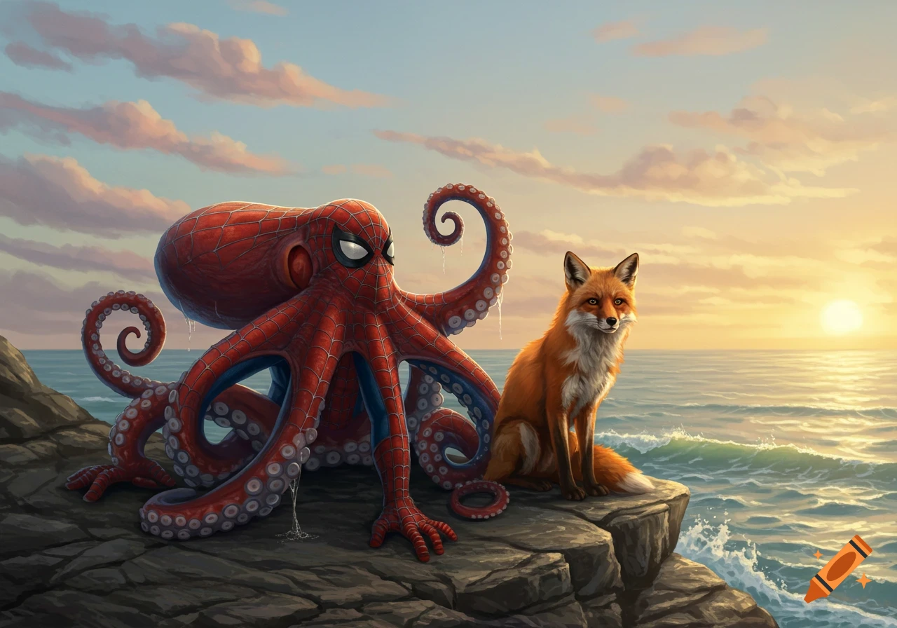 An octopus in a red Spider-Man suit and a fox sit on coastal rocks by the ocean at sunset, digital painting.