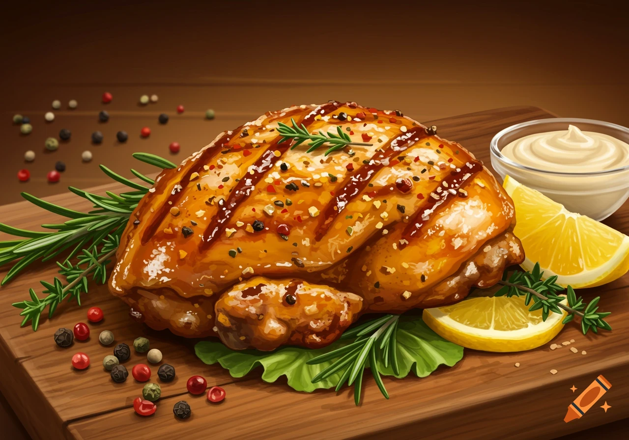 Roasted chicken seasoned with herbs and spices, served on a wooden board with lemon slices and sauce. Illustrative style.