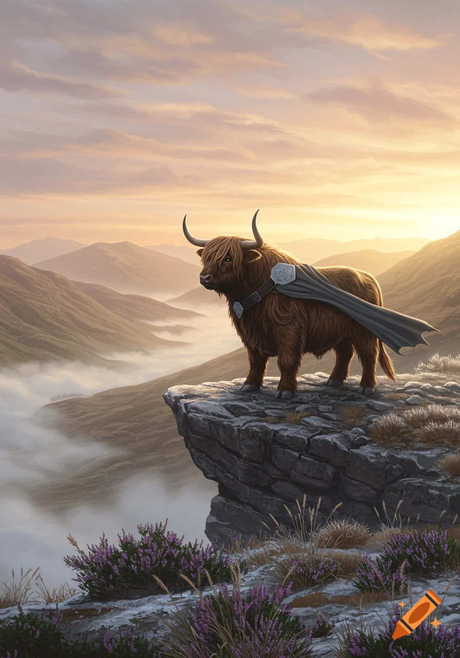 A majestic, horned brown creature wearing a dark cape stands on a rocky cliff overlooking misty mountains at sunrise, digital art.