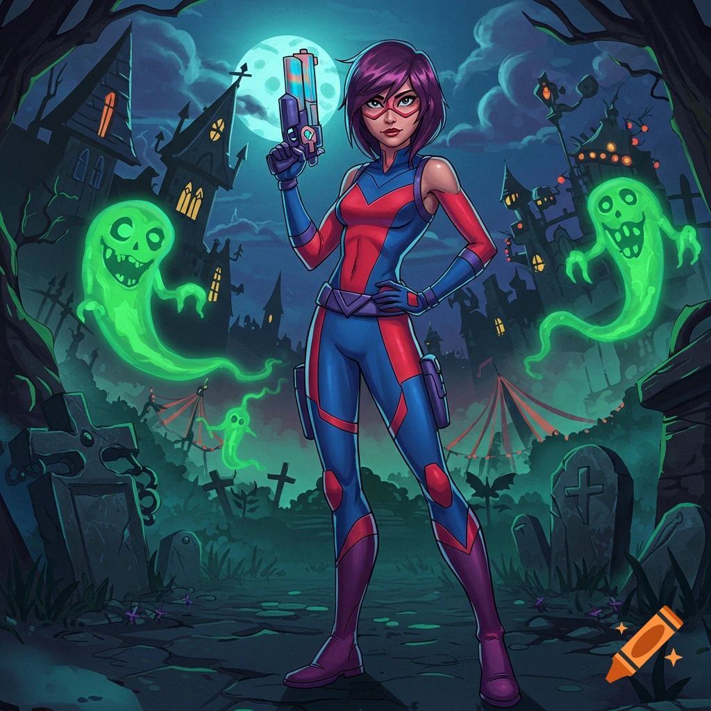 Female superhero in red and blue suit with purple hair and mask, holding a gun in a haunted graveyard with green ghosts, haunted houses, and a full moon at night.