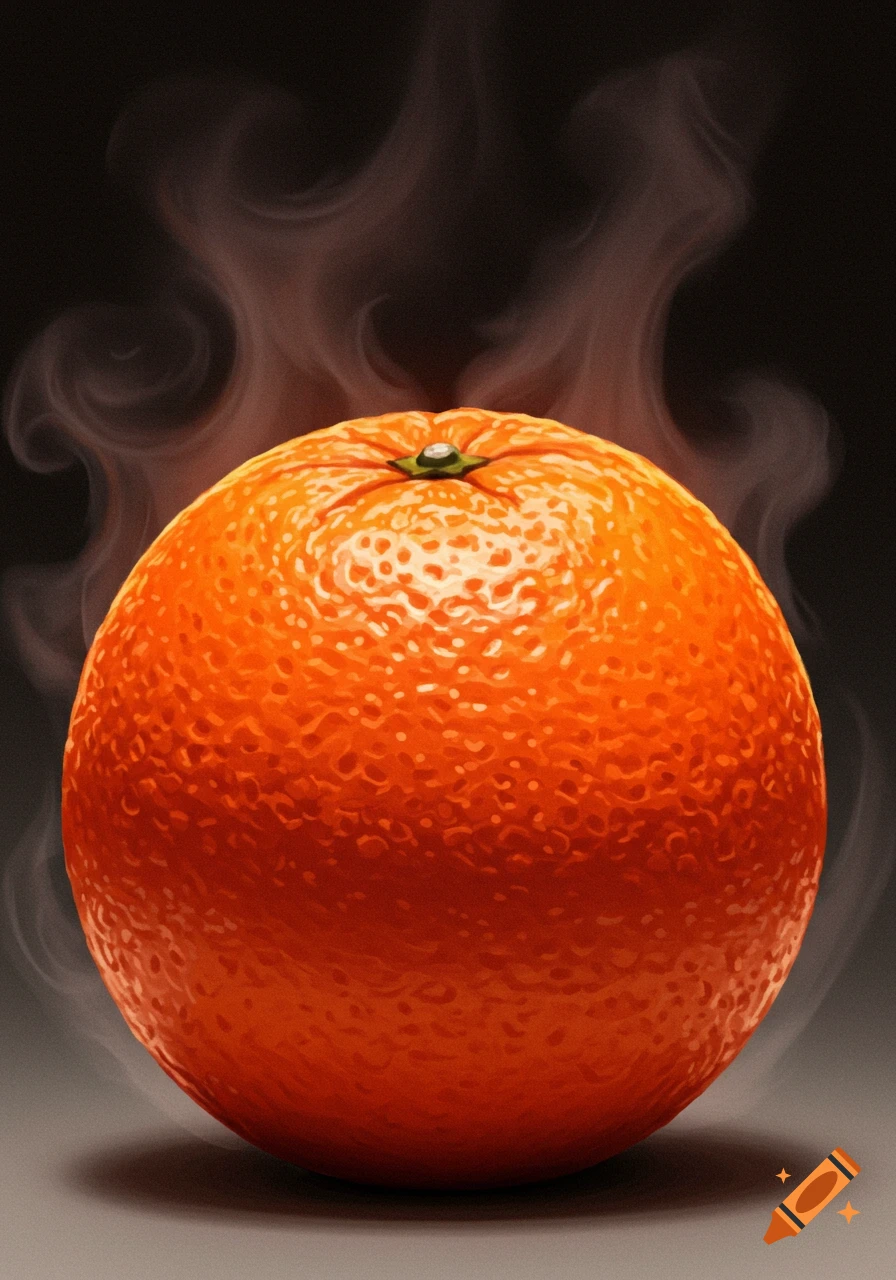A detailed illustration of a whole orange with steam rising from it, set against a dark background.