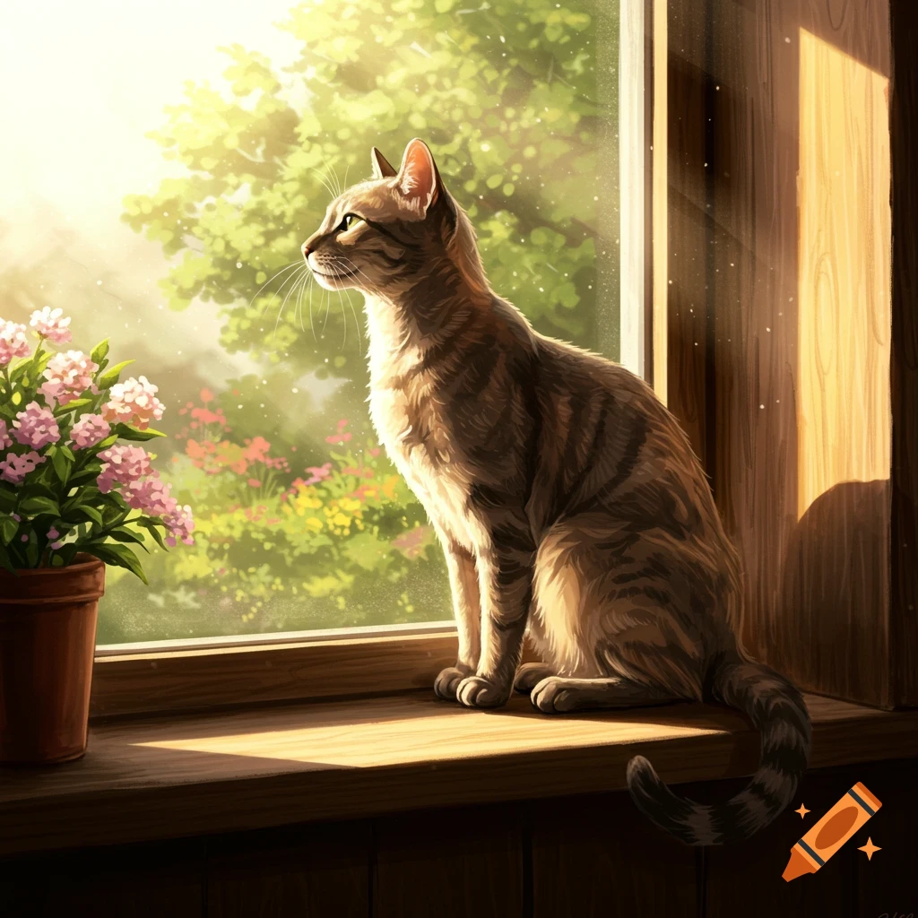 A tabby cat sits on a sunny windowsill looking out at lush green trees and pink flowers.