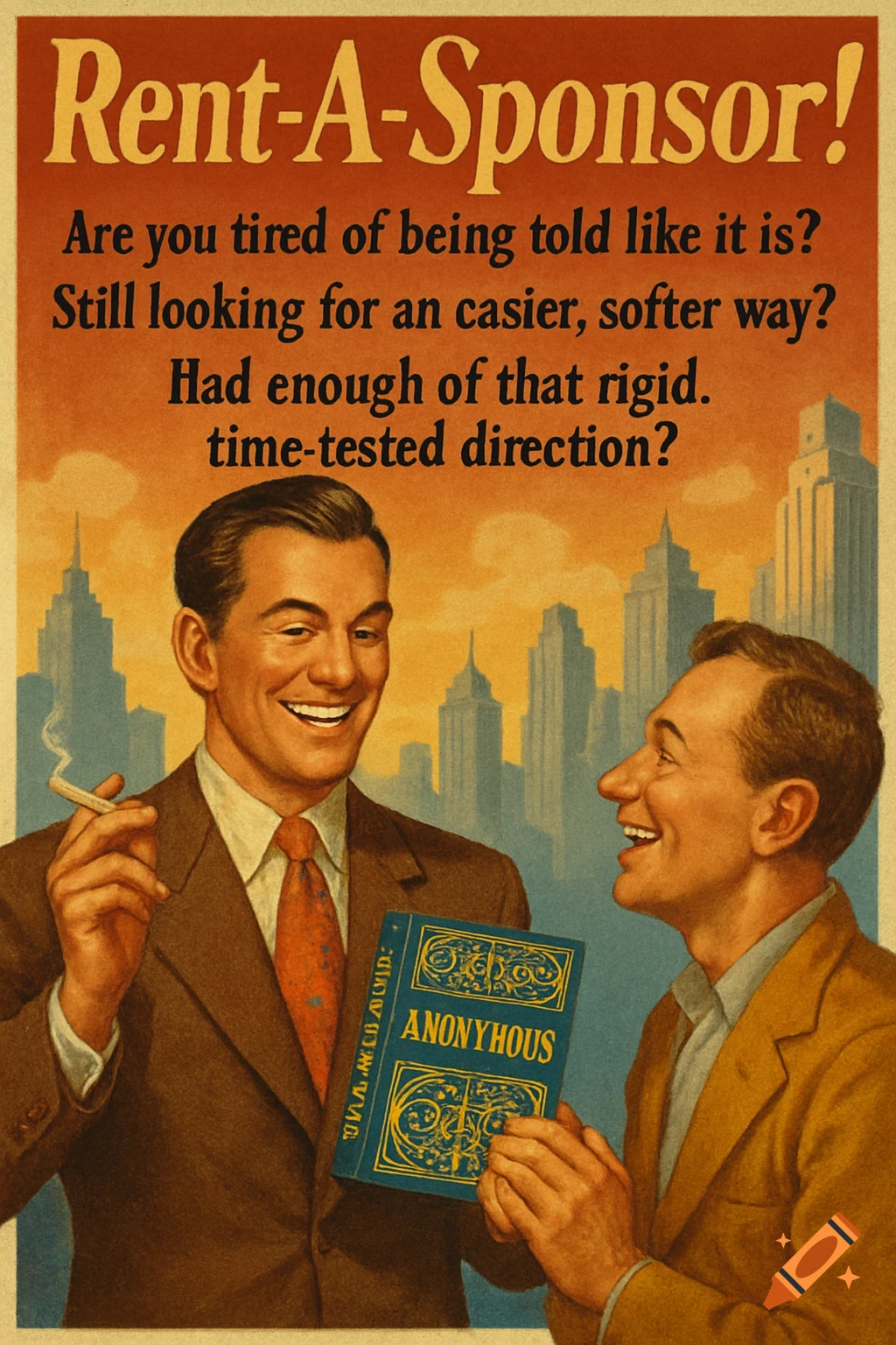 A vintage 1940s-style advertisement poster shows two smiling men in suits against a city skyline, one smoking and holding a book titled 'Anonymous'.