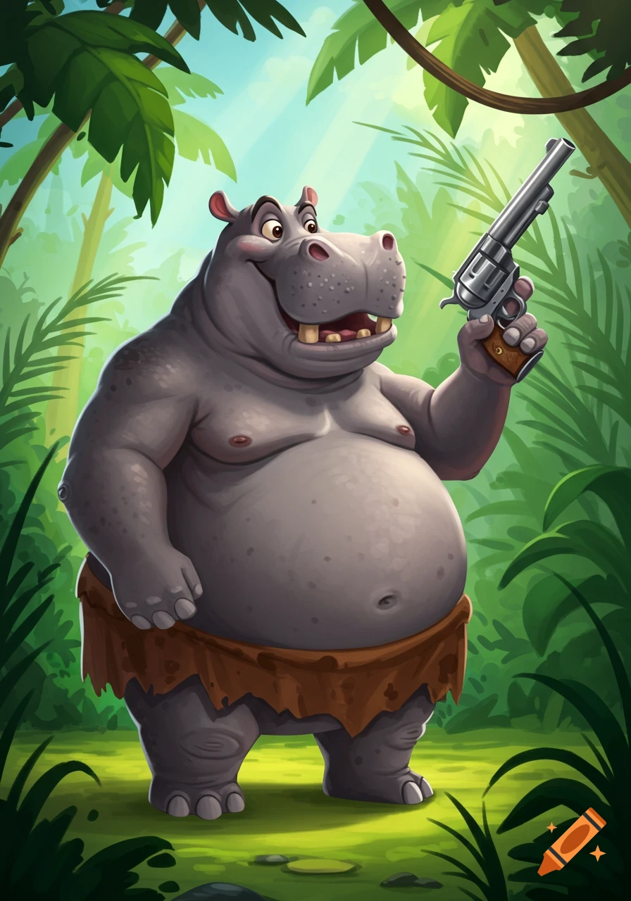A cartoon hippo wearing a loincloth, smiling and holding a revolver, stands in a lush jungle.