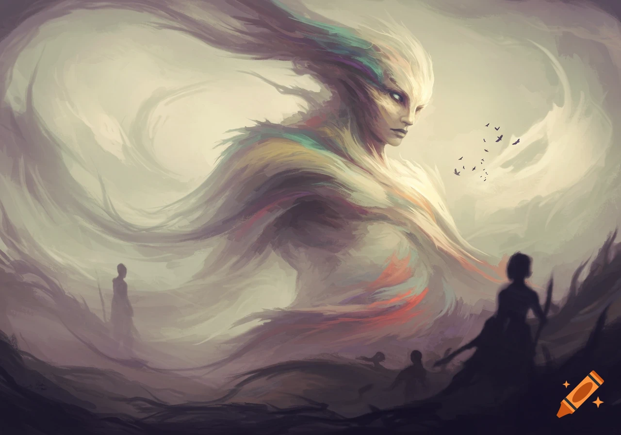 Large ethereal being with glowing face and flowing, colorful form overlooks human silhouettes in a misty, painterly landscape.