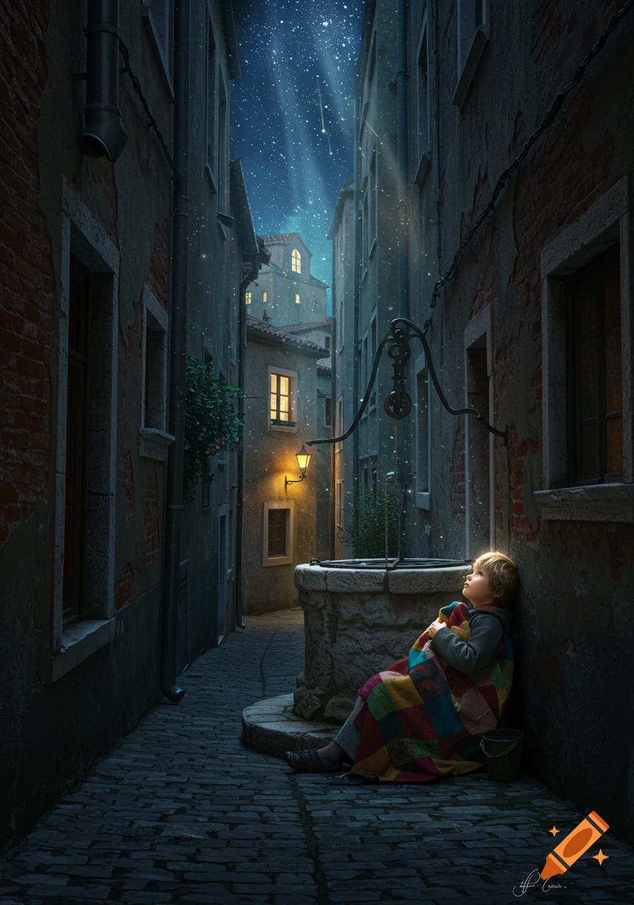 A small boy wrapped in a colorful blanket sits by a stone well in a dark, narrow alley, looking up at a bright starry night sky.