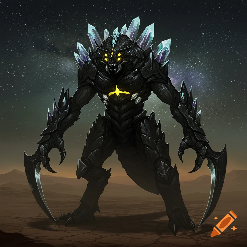 A menacing dark crystalline monster with glowing yellow eyes and scythe-like claws stands on a barren planet under a starry sky.