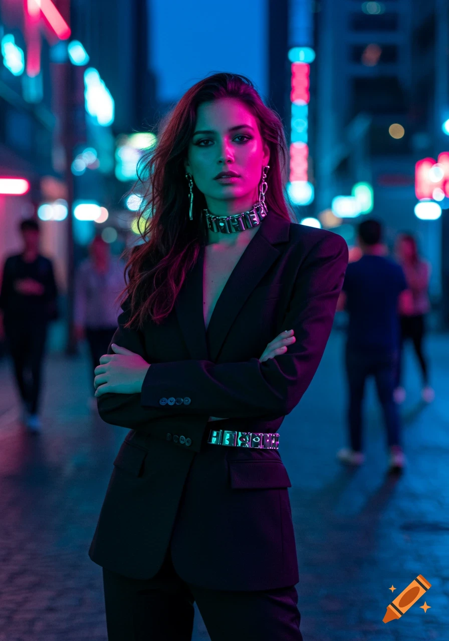A woman in a black blazer and metal choker stands with crossed arms in a neon-lit city street at night, looking at the camera.