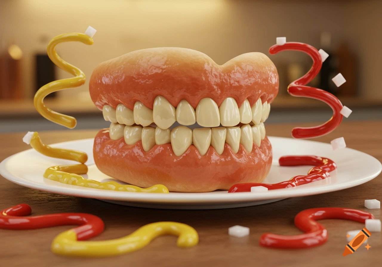 A pair of false teeth, made to look like hotdogs, sits on a white plate surrounded by squiggles of mustard and ketchup.
