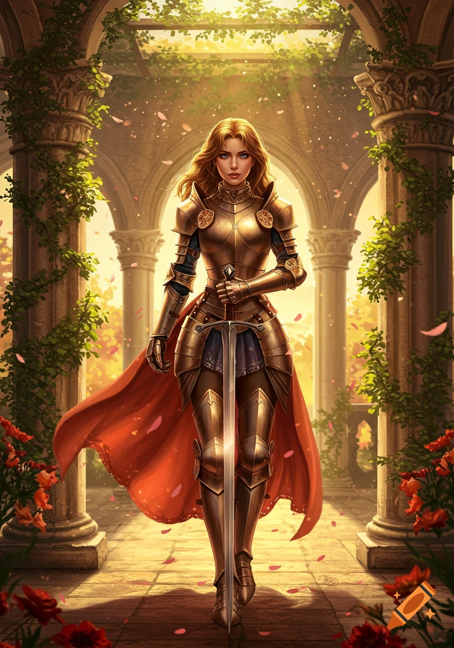 A female knight with golden brown hair in ornate golden armor stands in a sunlit archway with falling rose petals.