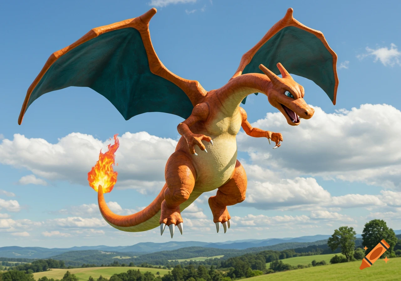 A realistic Charizard, an orange dragon-like creature, flies against a bright blue sky with white clouds, over green hills and trees.