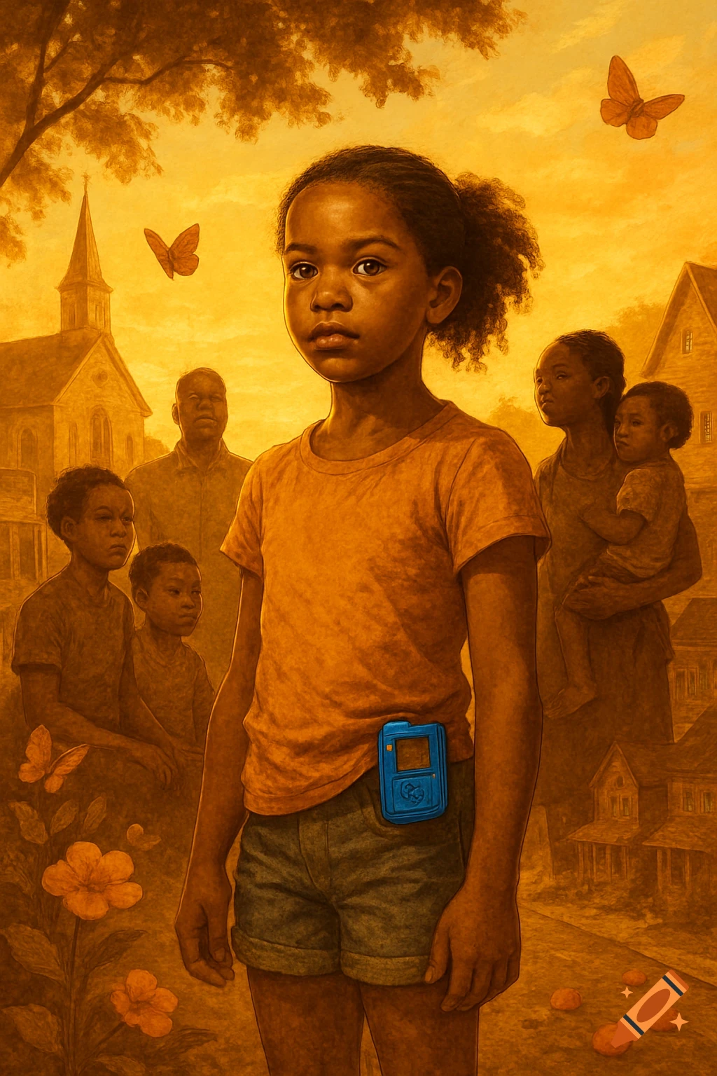 A young Black girl with a blue medical device on her hip, in a sepia-toned stylized painting with community and buildings in the background.