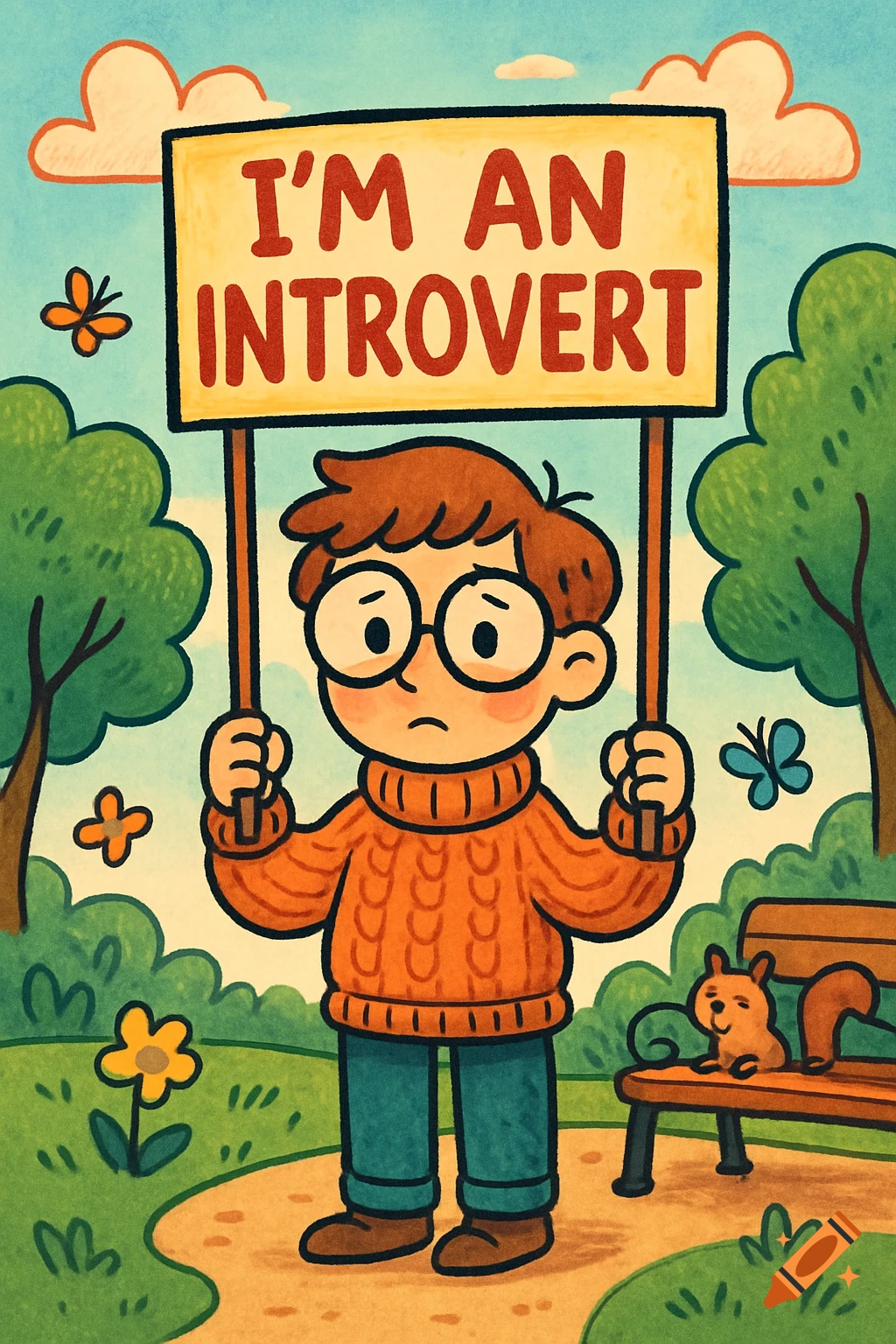 A cartoon boy with glasses and an orange sweater holds a sign that reads "I'M AN INTROVERT" in a sunny park with trees, butterflies, and a squirrel.