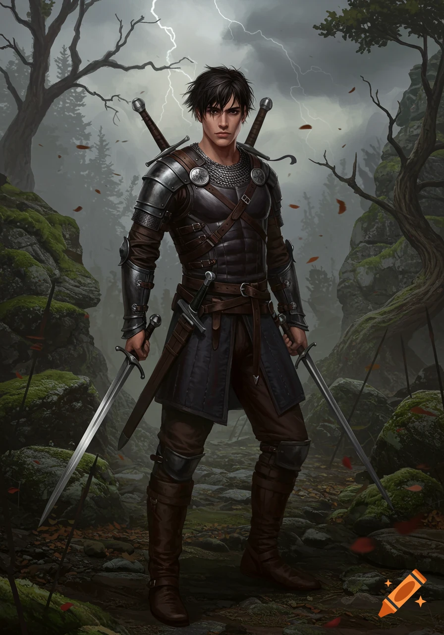 A dark-haired male warrior in black leather and metal armor holds two swords, standing in a rocky forest under a lightning storm.