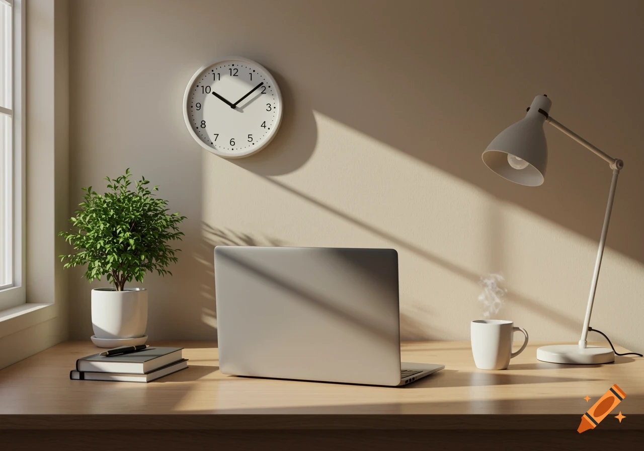A photorealistic image of a minimalist office desk with a closed laptop, mug, plant, and lamp, illuminated by natural light.