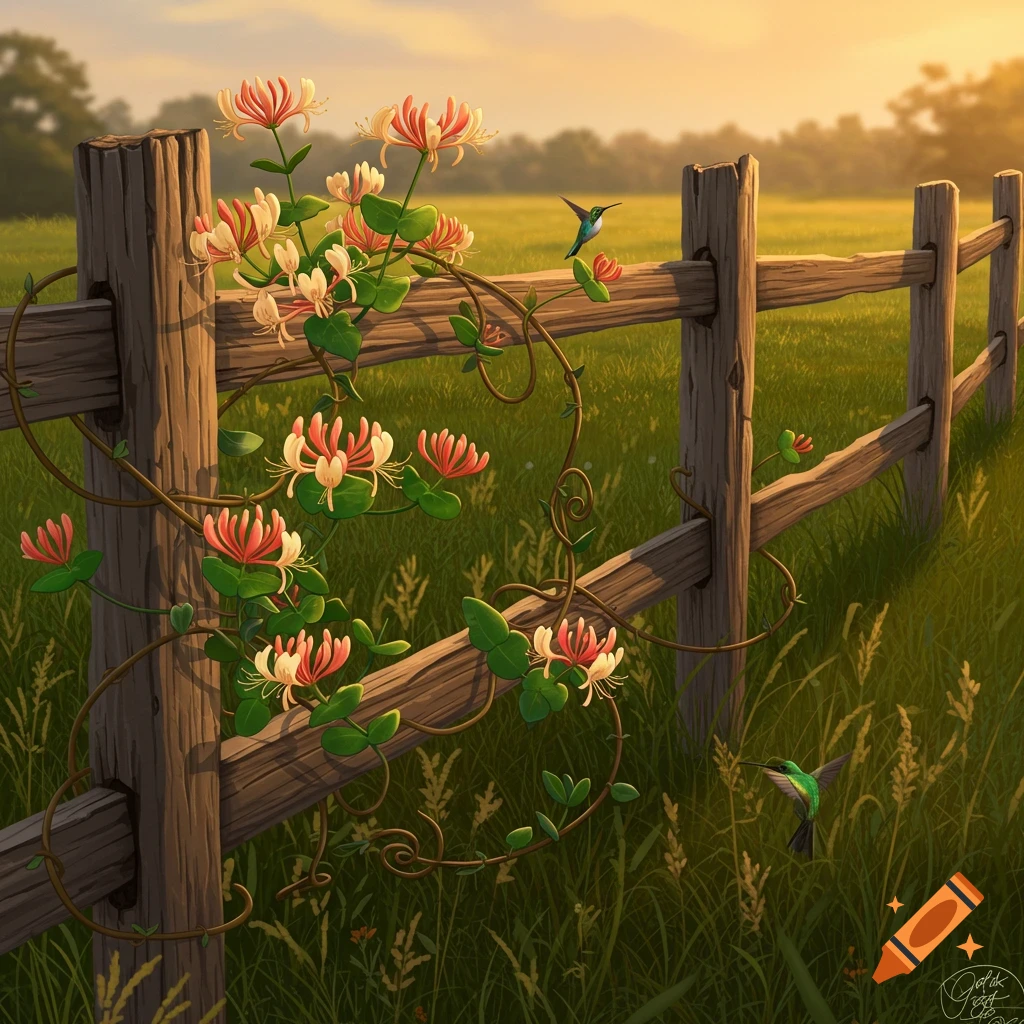 A wooden split rail fence covered in honeysuckle flowers, with hummingbirds flying nearby, in a sunny field.